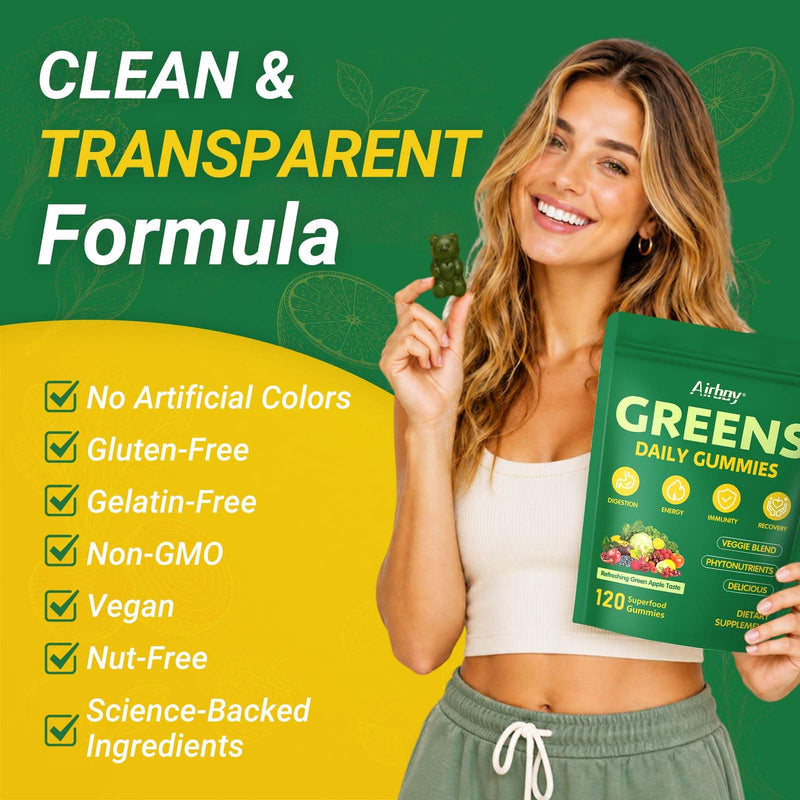Greens Daily Gummies, Super Greens Multivitamin Gummy for Women and Men | Superfood Gummies with Spirulina, Chlorella, Adaptogens,Fruits, Vegetables, Support Digestion Gut Health - 20 Servings