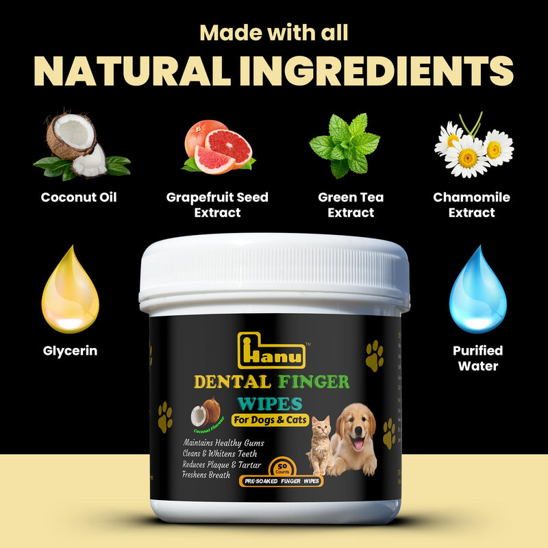 Hanu Dental Finger Wipes for Dogs & Cats - Teeth Cleaning Wipes Removes Bad Breath, Plaque & Tartar - Whitens Teeth Finger Toothbrush Gum Care Wipes - Freshens Breath - Vet-Recommended - PawsPlanet Australia