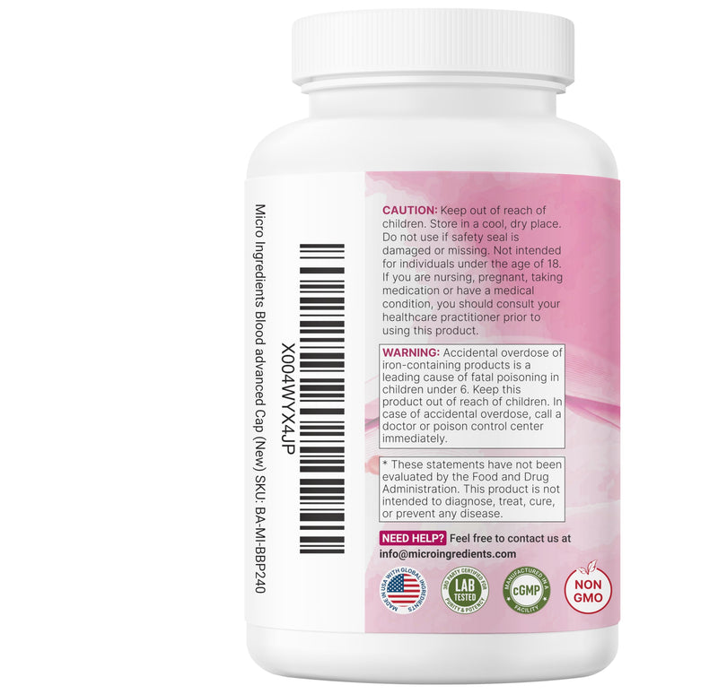 Micro Ingredients Iron Bisglycinate Supplement for Women & Men | 14-in-1 Chelated Ferrous Bisglycinate Complex with Vitamins C & B12, Folate, Botanical Blend | 240 Veggie Capsules | Non-GMO