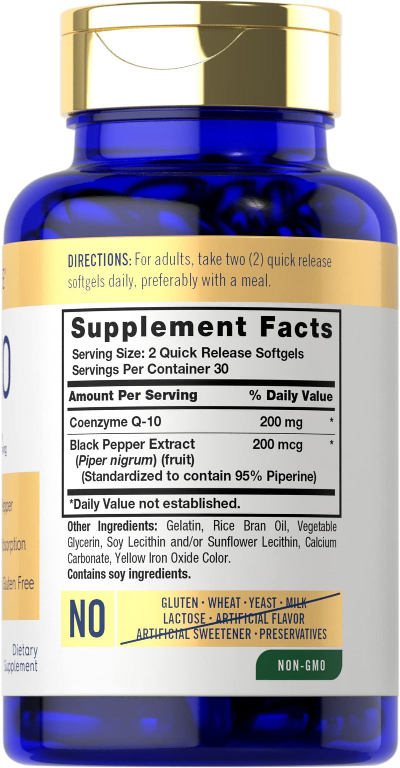 Carlyle CoQ10 200mg Softgels | 60 Count | with Black Pepper | Enhanced Absorption | Non-GMO, Gluten Free Supplement