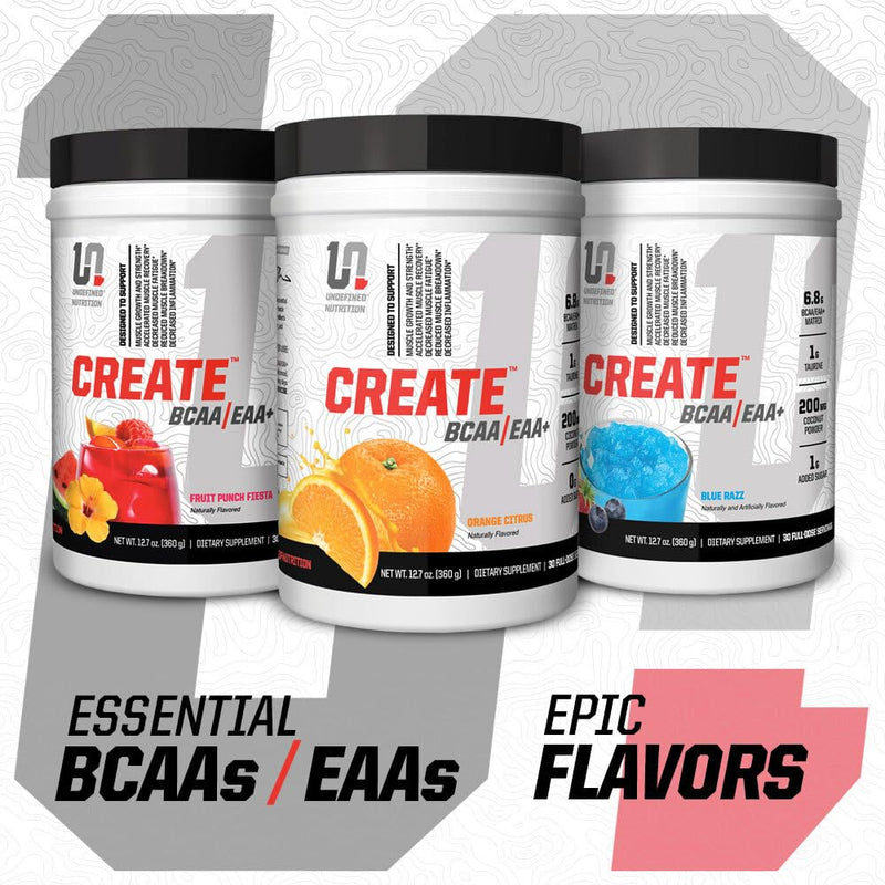 Undefined Nutrition Create BCAA/EAA+ by Brian Shaw -Muscle Recovery & Endurance, 6.8g BCAA/EAA Matrix -Full Spectrum BCAA + Essential Amino Acids Supplement – 30 Servings (127 oz, Orange Citrus) 12.7 Ounce (Pack of 1)