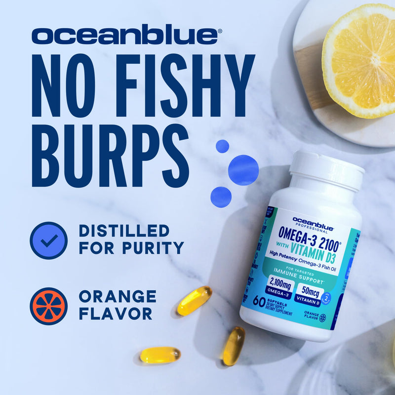 Oceanblue Professional Omega-3 2100 with Vitamin D3 - Triple Strength DPA EPA DHA Omega 3 Supplement - Burpless Wild Caught Fish Oil - Orange Flavor, 60 Count (30 Servings) 60 Count (Pack of 1)