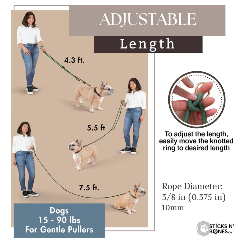 Hands Free Dog Leash, Waist Leash for Dog Walking, Running, Crossbody, Multifunctional, 2 Dogs, Dual Handle, Traditional Lead, Adjustable Lead 4.3ft - 7.5ft, 3/8" (10mm) Diameter. 8.2 FT (from Clasp to Clasp) x 3/8 inch (10mm) Hunter Green