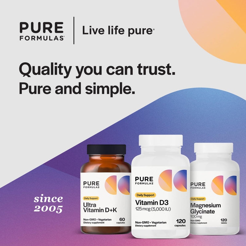 PureFormulas Vitamin D3 5,000 IU 125 mcg - Pure Vitamin D Supplement for Healthy Bone Formation, Teeth, Cardiovascular Health, and Immune Support Non-GMO - 120 Count Vegetarian Capsules 120 Count (Pack of 1)