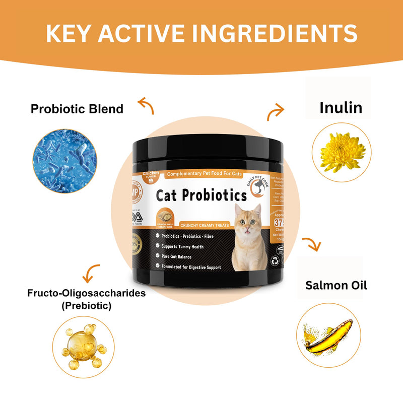 Probiotics for Cats UK - Crunchy & Creamy Cat Treats with 3 Billion CFU, Pumpkin & Salmon Oil - Supports Gut Health, Diarrhea Relief & Immune Support - Cat Probiotics Chews Chicken Flavour