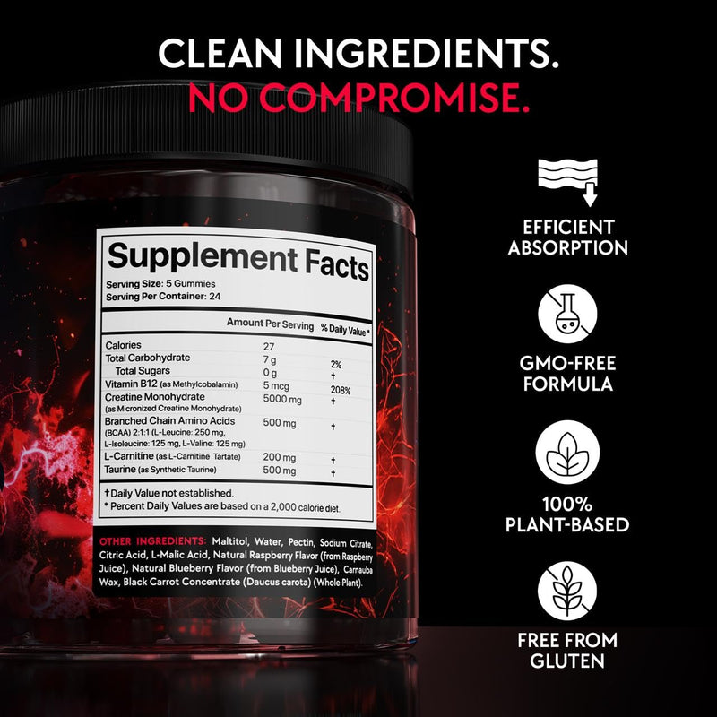 Creatine Monohydrate Gummies Complex 5000 MG for Men & Women with BCAA, L-Carnitine, Taurine & Vitamin B12, Strength & Energy Support, Flavored and Chewable