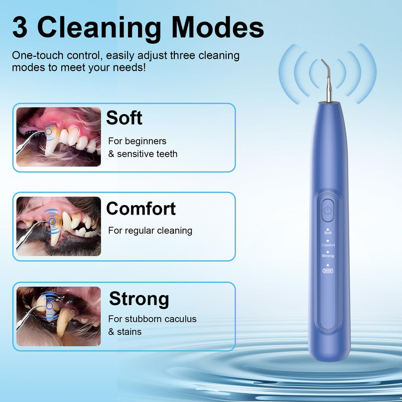 Ultrasonic Dog Teeth Cleaner, 3 Modes Sonic Tooth Cleaner for Dogs, Low Noise Sonic Dog Plaque and Tartar Remover with LED Light, 2 Cleaning Head, Toothbrush, Dental Mirror Probe Tweezer and Scraper Blue