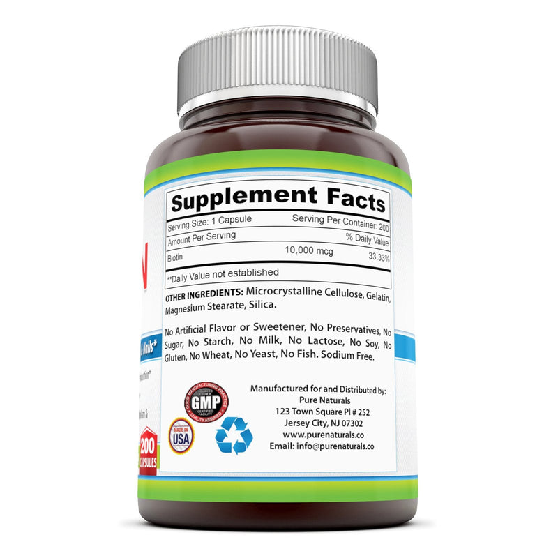 Pure Naturals Biotin Dietary Supplement - 10, 000 mcg - 200 Capsules - Supports Healthy Hair, Skin & Nails - Promotes Cell Rejuvenation and Energy Production. *