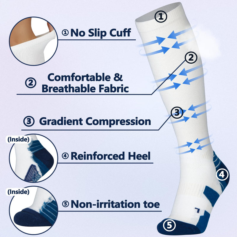 +MD Cotton Compression Socks for Women & Men 4/6 Pairs 15-20mmHg Knee High for Sports, Travel, Nursing Long Sitting Standing 2 Pairs NewWhite Cushion 15-20mmHg 9-11 - BeesActive Australia