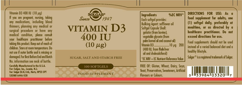 Solgar, Vitamin D3 (Cholecalciferol) 400 Iu, 100 Count