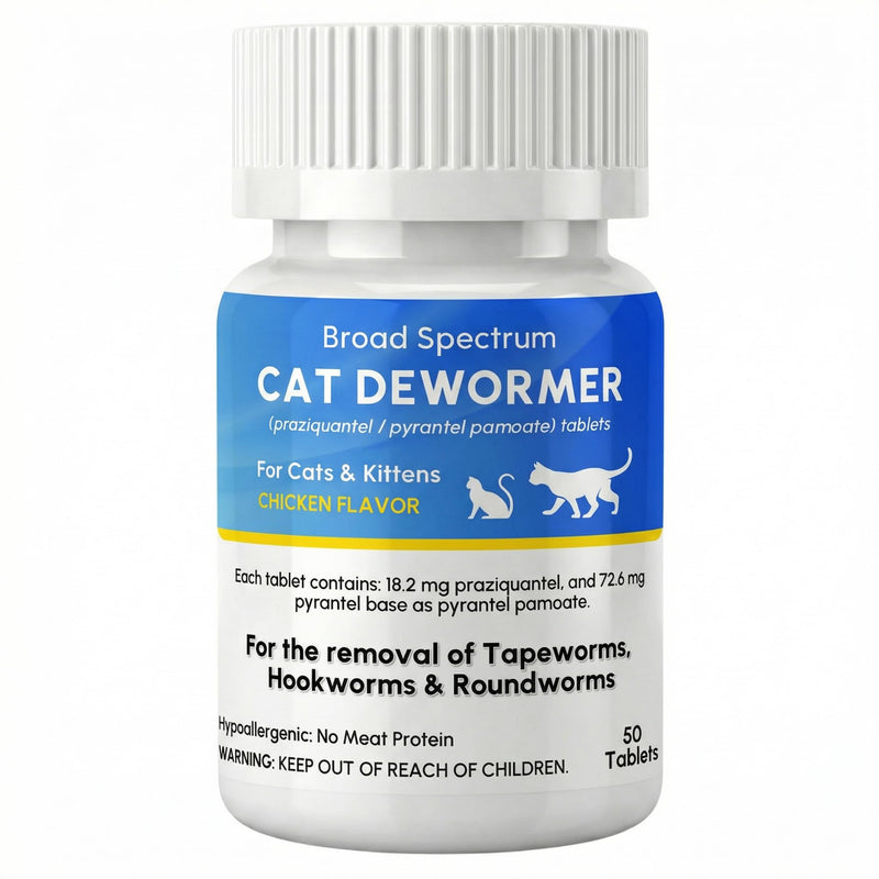 Dewormer for Cat and Kittens, Broad Spectrum Praziquantel & Pyrantel Pamoate Tablet, Removal of Tapeworms, Hookworms & Roundworms, Effective and Fast (50 Tablets)