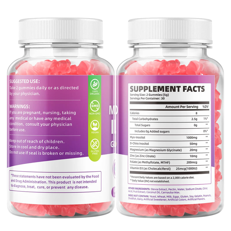 2 Pack Myo-Inositol & D-Chiro-Inositol Gummies with Vitamin D3, Magnesium Glycinate, Folate & Zinc, Inositol Supplement for Female Health, Vegan, Raspberry Flavor, 120 Gummies 2pack