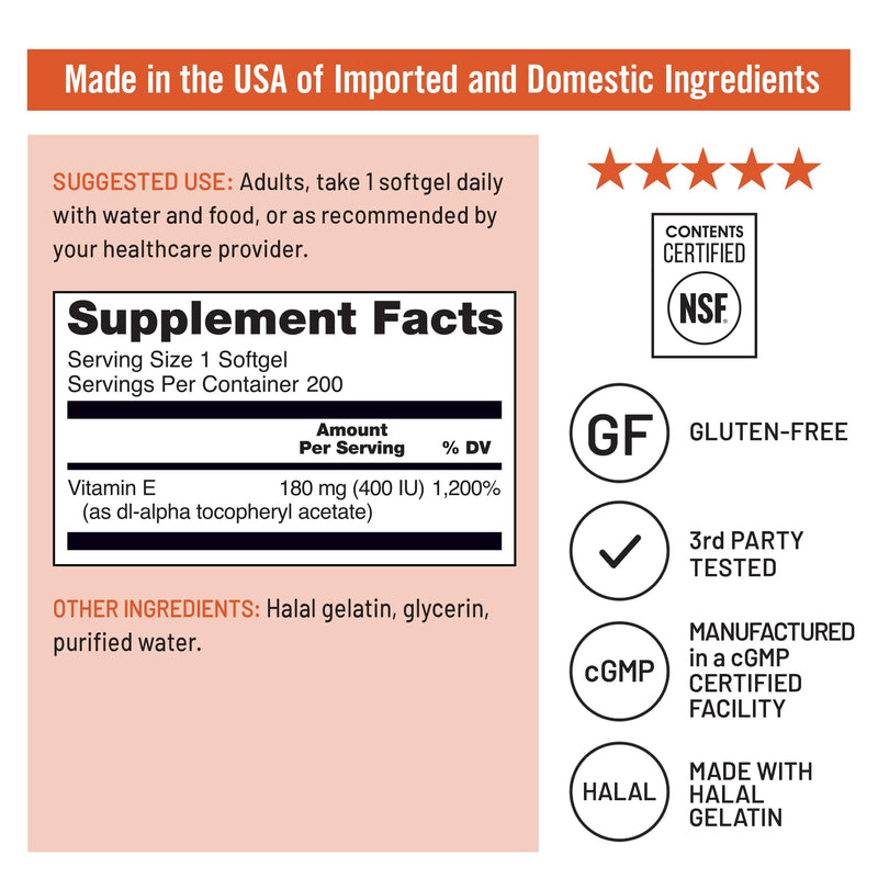 NatureWise Vitamin E 400 IU Softgels (180mg DL-Alpha) - Dairy,Gluten,and Soy Free,Non-GMO Antioxidant Dietary Supplement for Skin,Heart,Eye,and Immune Health Support -,200 Count (Pack of 2) 200 Count (Pack of 2)