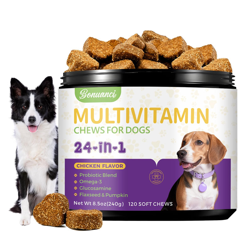 Dog Multivitamin Supplement for Dogs Vitamins Chewable Contain Glucosamine, Vitamin, Probiotics, Omega-3 for Puppy Supplies Skin Coat, Heart, Hips & Joints, Digestion & Immune System 120pcs
