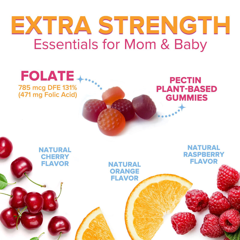 Folic Acid Gummies - Essential Prenatal Vitamins for Women - Daily Folate Vitamin B9 for Mom & Baby Development Support - Before During & After Pregnancy, Natural Orange & Cherry Flavor - 120 Gummies 120 Count (Pack of 1)