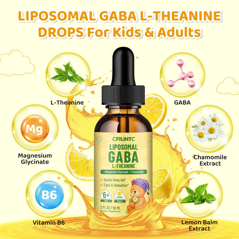 2 Pack Liposomal GABA L-Theanine Drops for Kids - Liquid GABA Supplement with Magnesium, Chamomile, Lemon Balm & Vitamin B6 - Support Relaxation, Focus & Stress Relief for Kids & Adults - Lemon 2 Fl Oz (Pack of 2)