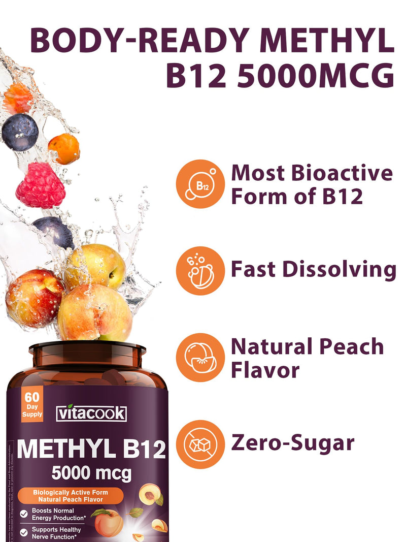 Vitamin B12 Sublingual, Methylcobalamin 5000mcg for Energy Production | Energy, Nerve & Cell Support, Natural Peach Flavor, Vegan, Zero Sugar, 60 Fast Dissolve Tablets 60 Count (Pack of 1)