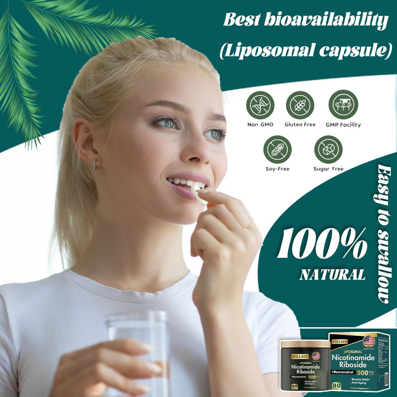 Liposomal NAD+ Supplement, 900mg Nicotinamide Riboside with Resveratrol, Anti-Aging Energy & Focus Support for Women & Men, 80 Vegan Gluten-Free Capsules