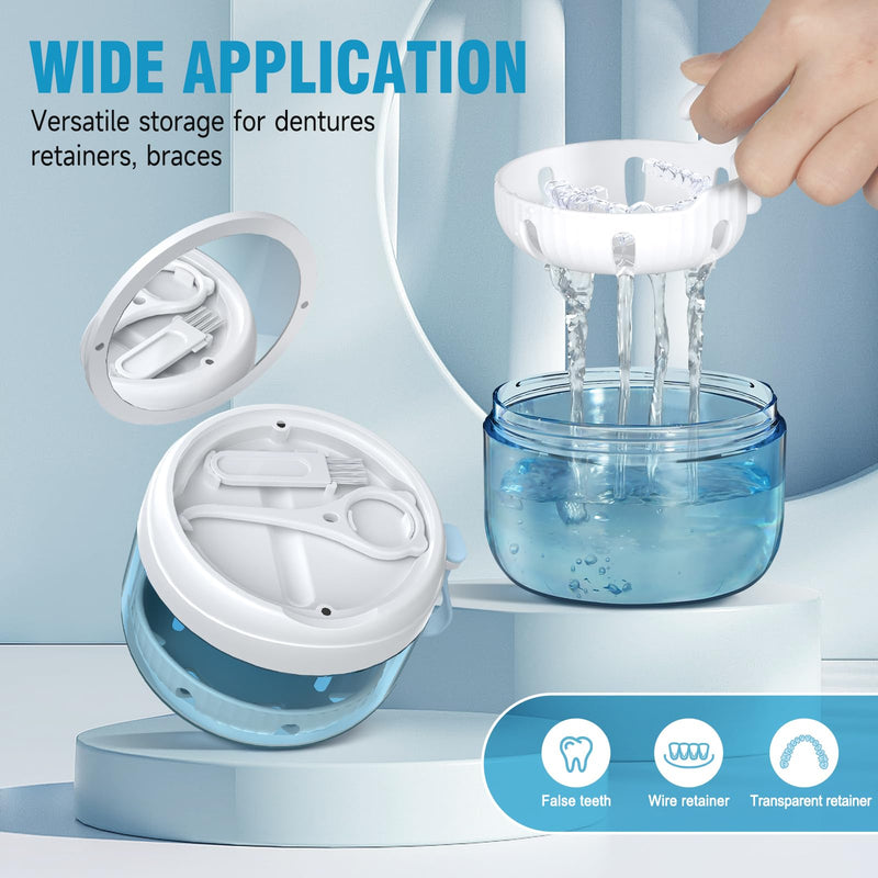 Denture Bath Box Cup, Leak Proof Denture Cup Kit Portable Retainer Case for Travel, Denture Case Cleaning Care for Dentures Aligner Mouth Guard with Denture Brush,Strainer, Removal Tool and Mirror White