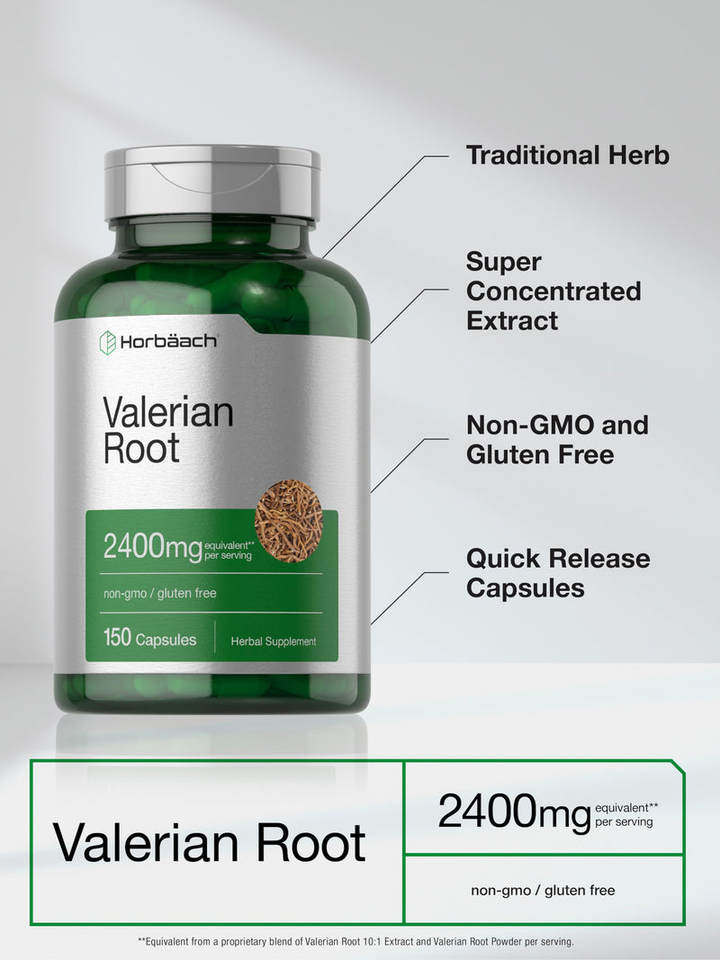 Horbäach Valerian Root Capsules | 2400 mg | 150 Count | Extract Supplement | Non-GMO, Gluten Free - BeesActive Australia