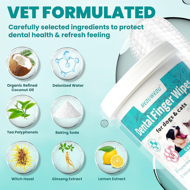 MEDUWEDU Oral & Facial Care Set – Mint Dental Finger Wipes + Cotton Swabs for Dogs & Cats