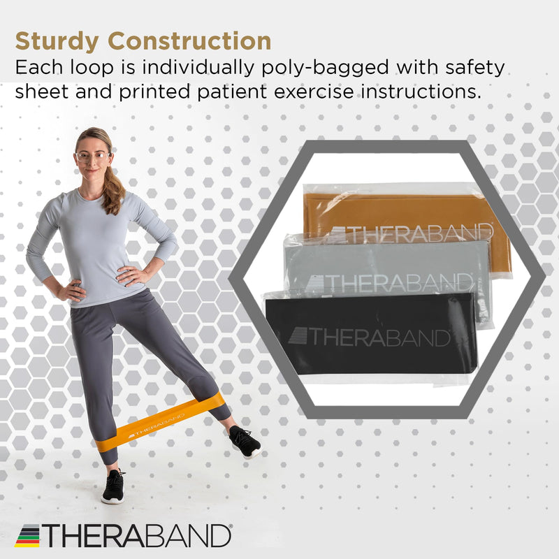 THERABAND Professional Resistance Band Loops Durable Resistance for Strength and Flexibility Exercises, Pilates, Yoga, Stretching, and Physical Therapy, 18" Continuous Loops (Black, Silver, Gold) Set of 3 – Advanced Levels 18"