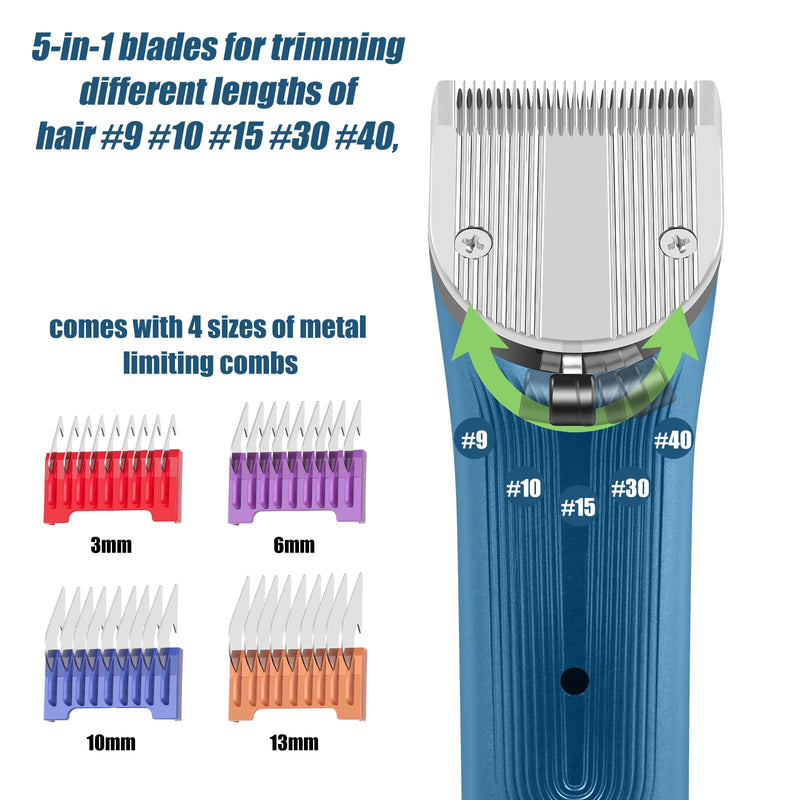 Professional Animal Pet Dog Cat and Horse Cordless Hair Clipper Grooming Kit with 5 in 1 Blade Low Noise & High Power Rechargeable Cordless Pet Grooming Clipper for for Thick Heavy Coats (blue) Blue - BeesActive Australia