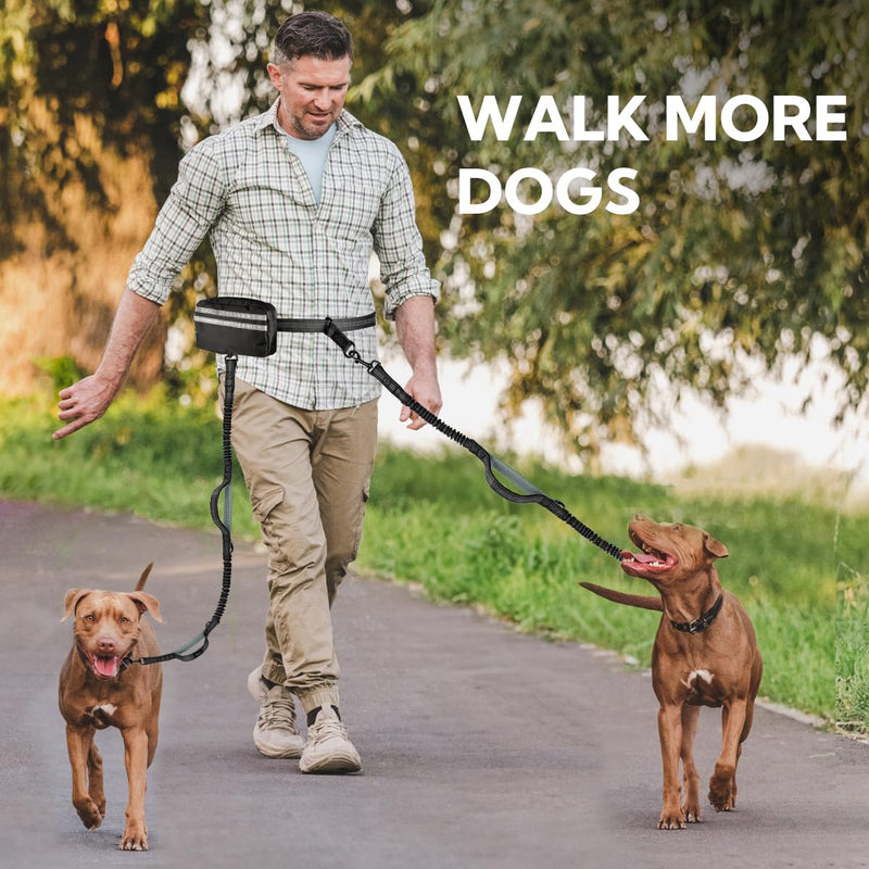 Hands Free Dog Leash, Double Dog Leash with Waist Bag, Double Padded Handles, Dog Walking Running Accessory, (Large, 26-120 lbs) Black/Gary Large 2 Leashes