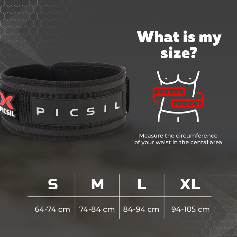 PICSIL - Weight Lifting Belt | Core & Back Support | Customizable with Patch Space | Ideal for Cross training, Squats & Barbell Exercises | Strength Belt for Women and Men | Size Small S Black