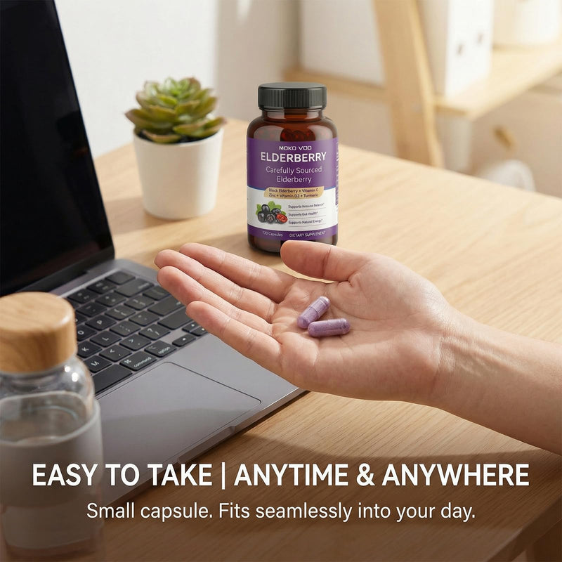 Elderberry Immune Support Capsules, Sambucus with Vitamin C Zinc D3 Turmeric FOS, 120 Vegan Enteric Coated Non-GMO Herbal Supplement