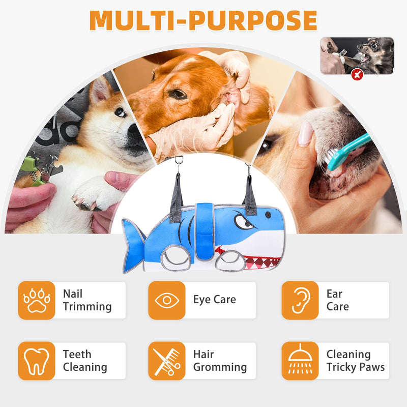 Dog Grooming Hammock for Small Dogs Cats, Cute Shark Design Dog Hanging Harness for Nail Trimming/Clipping, Pet Sling with Grooming Kit and Thick Neck Support & Strap Restraint Claw Care, S Blue Shark