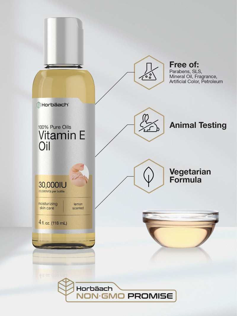 Horbäach Vitamin E Oil For Skin and Face | 4 fl oz | 100% Pure Oils | Moisturizing Skin Care | Non-GMO, Vegetarian | Lemon Scented