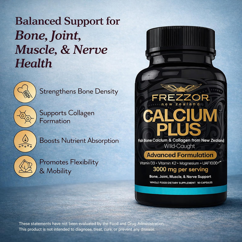 FREZZOR Calcium Plus with UAF1000+, New Zealand Natural Raw Calcium Supplement for Bones, Teeth, Gut Health, & Cardiovascular Support, Phosphorus, Magnesium, Collagen, Selenium, 90 Capsules, 1 Bottle