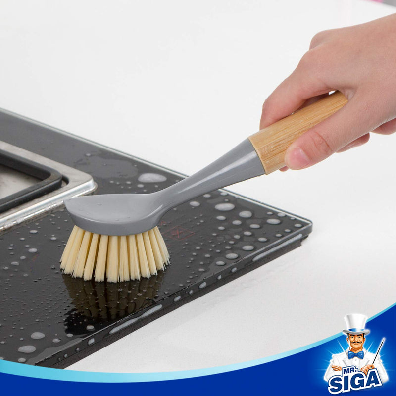 MR.SIGA Dish Brush with Bamboo Handle Built-in Scraper, Scrub Brush for Pans, Pots, Kitchen Sink Cleaning, Pack of 2 Gray - BeesActive Australia