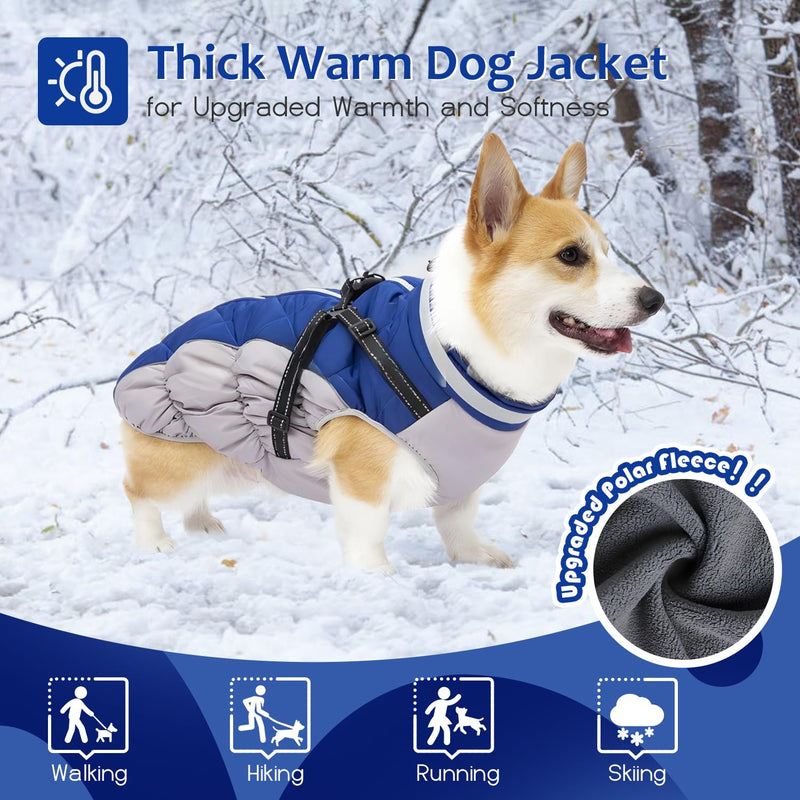 Dog Winter Coat with Harness, Dog Jacket, Dog Clothes with Zipper on Back, Waterproof Windproof Warm Vest, Reflective Cold Weather Coats, for Small Medium Large Dogs, Thick (Blue,L) L(Chest Girth:25.19"/64CM) Blue - BeesActive Australia