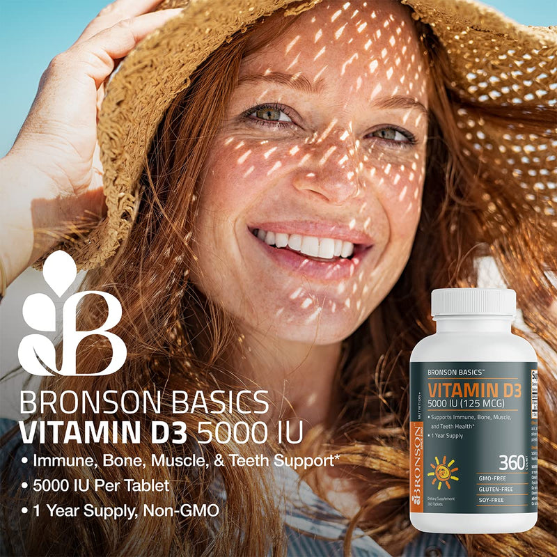 Bronson Vitamin D3 5000iu (125mcg) 1 Year Supply for Healthy Muscle Function and Immune Support, Non-GMO, 360 Tablets - BeesActive Australia