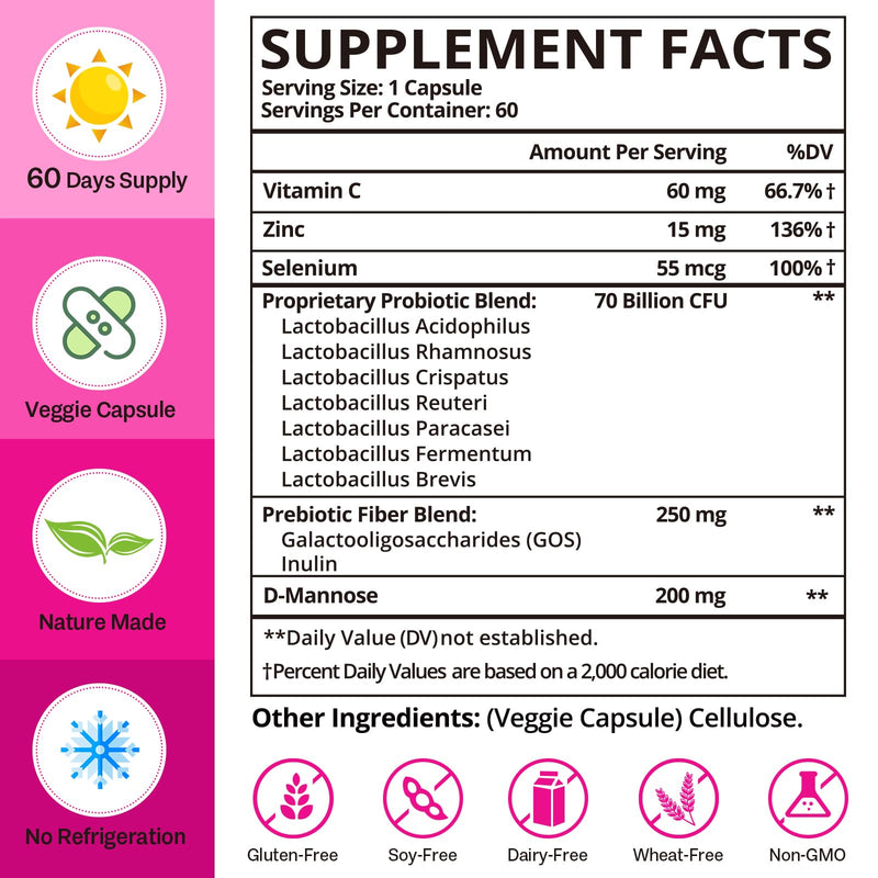 Vaginal Probiotics, 70 Billion CFU Probiotics for Women, 4 Months Supply | 13-in-1 Womens Probiotic & Organic Prebiotics for Vaginal, Urinary, pH Balance, Immune, Gut & Digestive, Bloating Health 60 Count (Pack of 2)