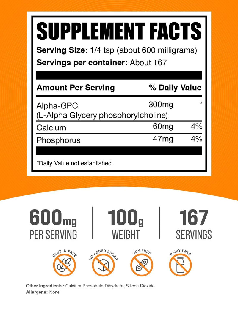 BulkSupplements.com Alpha GPC Powder - Choline Supplements, Alpha GPC 300mg - Unflavored & Gluten Free, 600mg per Serving, 100g (3.5 oz) (Pack of 1) 3.52 Ounce (Pack of 1) - BeesActive Australia