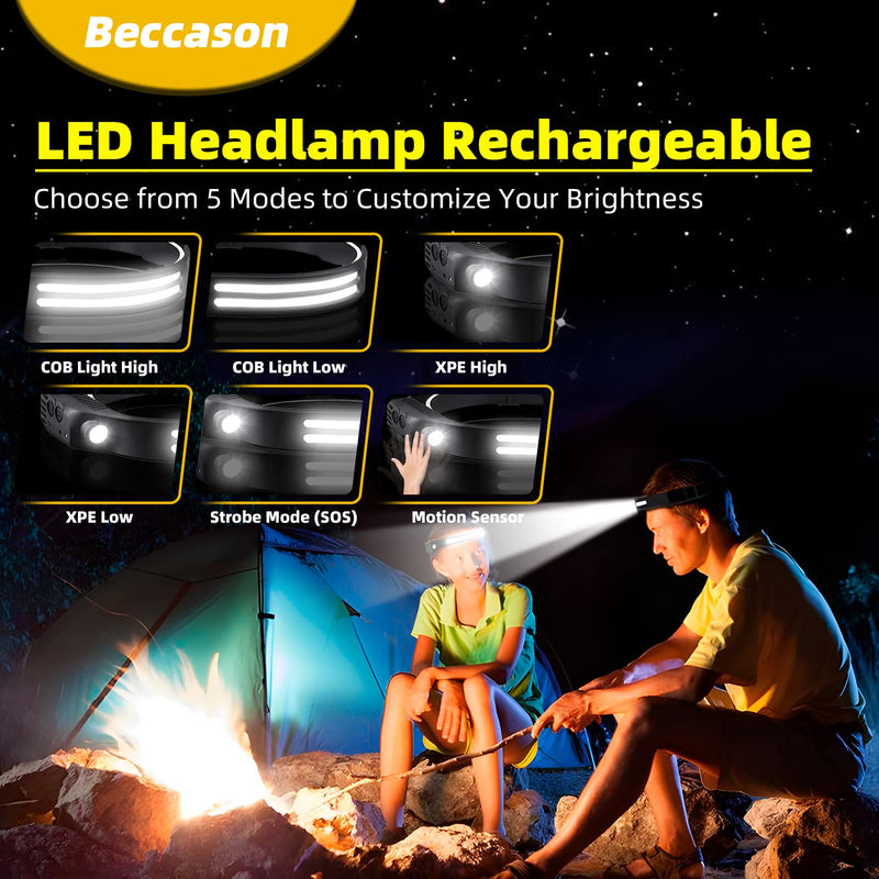LED Headlamp Rechargeable 4PCS - 230° COB Super Bright Head Lights for Forehead, Hard hat Light for Adults, USB C Headband Flashlight for Work, Hiking, Running, Camping Essentials Gear Black 4 Pack - New Upgrade II Dual-Led Strip