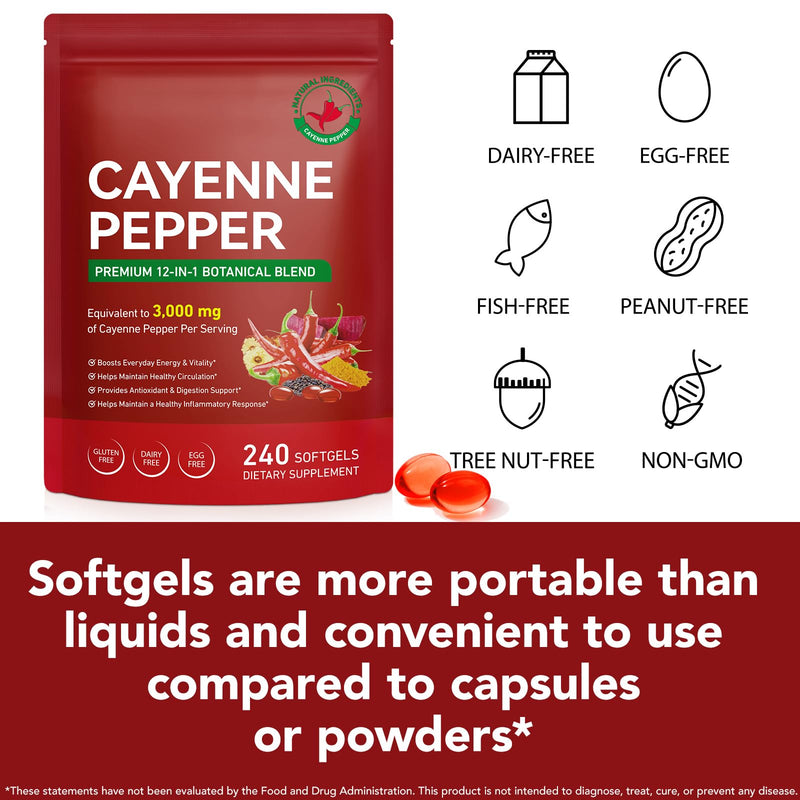 Cayenne Pepper Capsules with Turmeric & Beetroot – 12-in-1 Formula with Black Pepper Extract for Absorption – Vitamins D3, K2 & E – Supports Circulation & Antioxidant – 240 Softgels (80-Day Supply) Cayenne Pepper + Complex