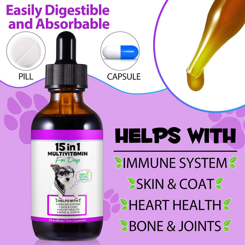 Dog Vitamins and Supplements, Dog Vitamin Liquid for Hip and Joint, Skin Coat, Skin Health, Gut Health, Heart Health, 15 in 1 Multivitamin for Dogs All Breeds and Ages, Dogs Herb Supplement (60ml) Vitamin for Dogs