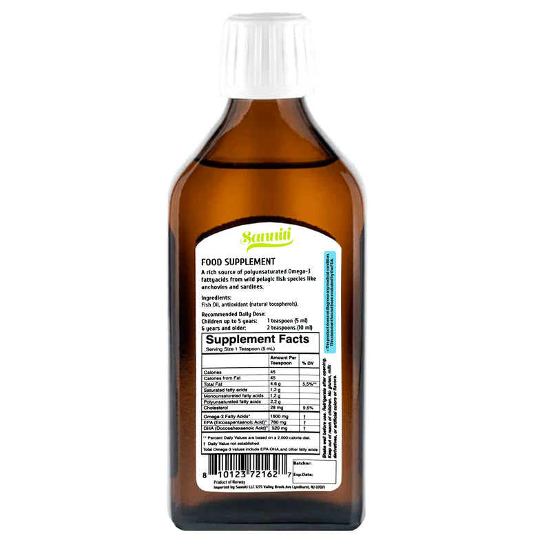 Sanniti 100% Natural Omega-3 Liquid | A Rich Source of EPA Fatty acids | Vitamins A & D3 | Product of Norway Sourced from Anchovies, Sardines, and Other Wild Fish, 8.45 fl. oz