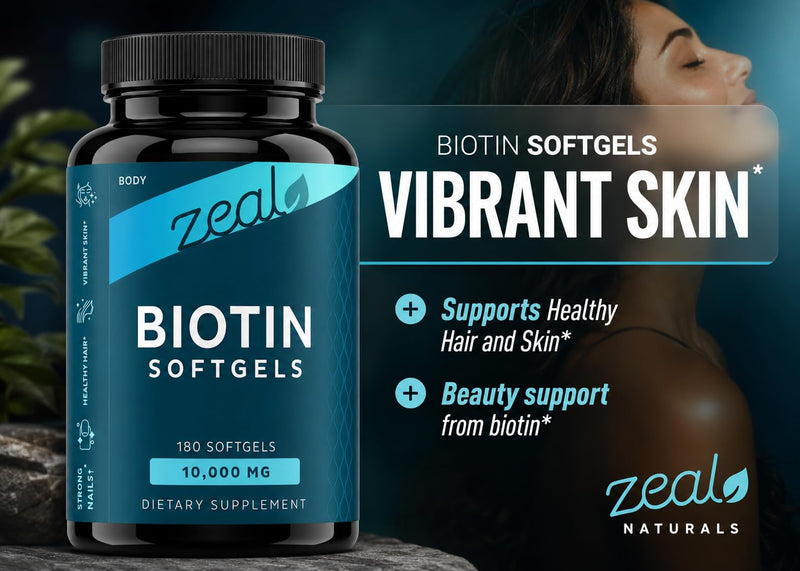 Zeal Biotin 10000mcg Oil Softgels | Hair, Skin and Nail Growth Vitamins | Vitamin Biotin Supplement | 6 mo Supply - 180 Gel Capsules