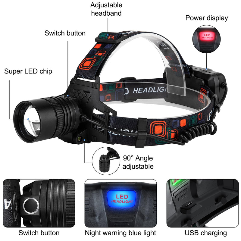 Rechargeable Headlamp 2Pack, 99000 Lumens Super Bright LED Head Lamp with 3 Modes, 90° Adjustable Head Lights for Forehead, 45H Long Runtime & IPX6 Waterproof HeadLamps for Camping Hunting Hiking 2