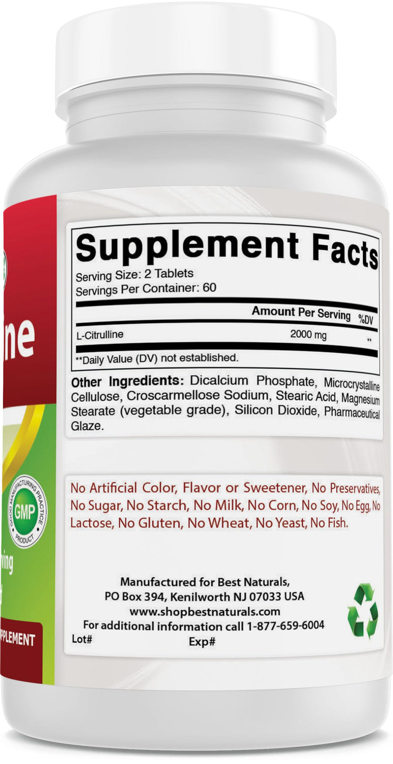 Best Naturals L-Citrulline 2000mg/Serving - Non-GMO - Gluten Free - 120 Tablets (120 Count (Pack of 1)) 120 Count (Pack of 1)