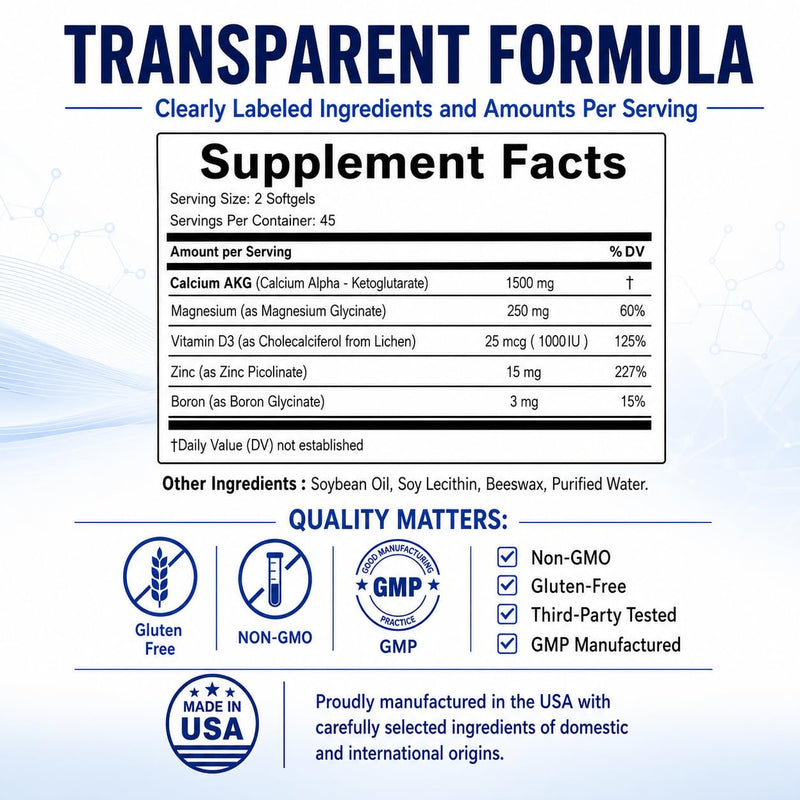 Liposomal Calcium AKG Supplement with Magnesium Glycinate, Vitamin D3, Zinc & Boron – Daily Bone and Mineral Support – 1,500 mg Ca-AKG per Serving – 90 Softgels