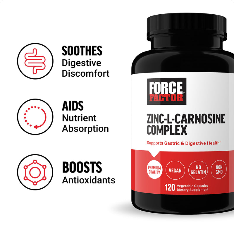 Force Factor Zinc L-Carnosine Capsules | Support Gastric & Digestive Health, Digestion & Bloating Supplement, Vegan, Non-GMO, No Gelatin, 120 Capsules