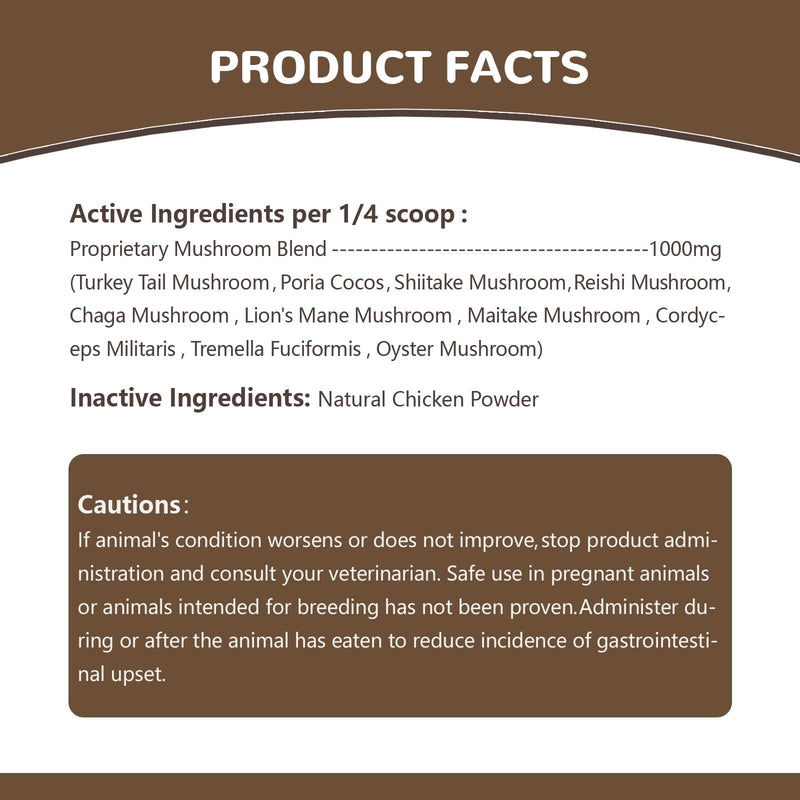 Turkey Tail Mushroom Powder for Dogs, Organic 10 Mushroom Blend for Lipoma Lumps and Bumps, Dog & Cat Herbal Supplements Probiotic with 50% β-Glucan, Joint Gut Immune Skin Support - 60g Chicken