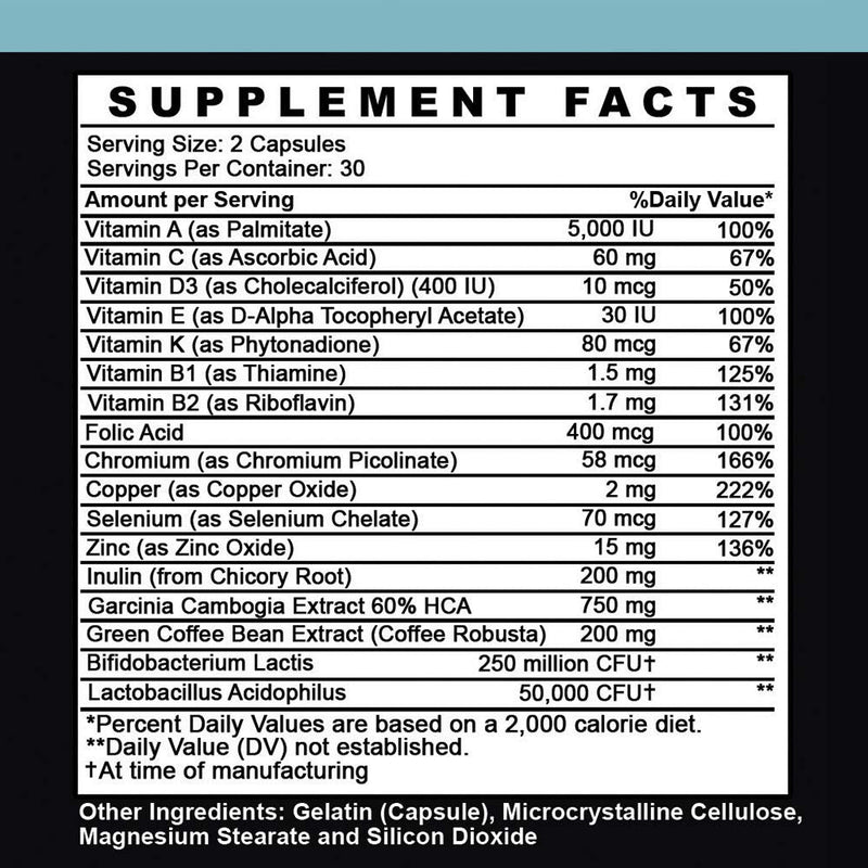 Angry Supplements Garcinia Cambogia with Probiotics, Gut Health Multivitamin w. Vitamins A, C, D, E, K, B2, Zinc, Selenium, Copper, Chromium + Herbal Blend Capsules (1-Bottle, 60ct) 60 Count (Pack of 1)