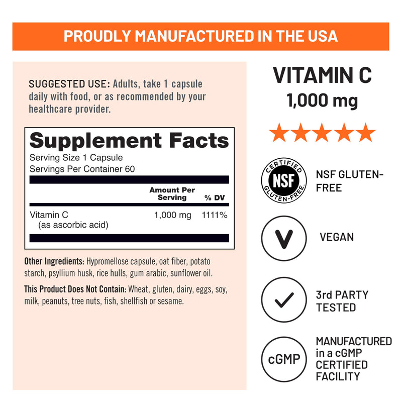 NatureWise Vitamin C 1000mg Capsules - Extra Strength Vegan Vitamin C for Daily Antioxidant & Immune Support - Non-GMO, USA Manufactured - 60 Capsules[60-Day Supply] Unflavored 60 Count (Pack of 1)